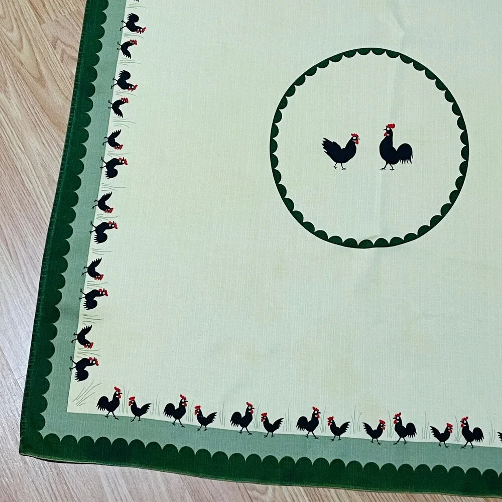 Vintage Rooster & Hen Yellow Green Border Tablecloth 34x38